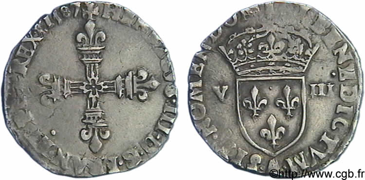 HENRY III Huitième d écu, croix de face 1587 Paris XF