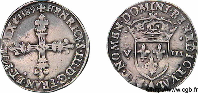 HENRY III Huitième d écu, croix de face 1589 Paris SS
