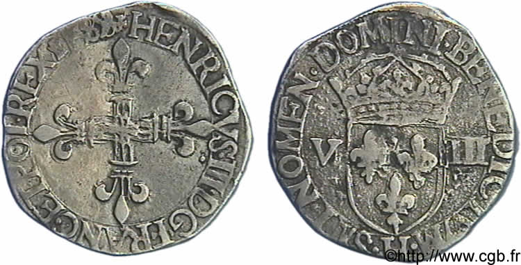 HENRY III Huitième d écu, croix de face 1589 La Rochelle XF