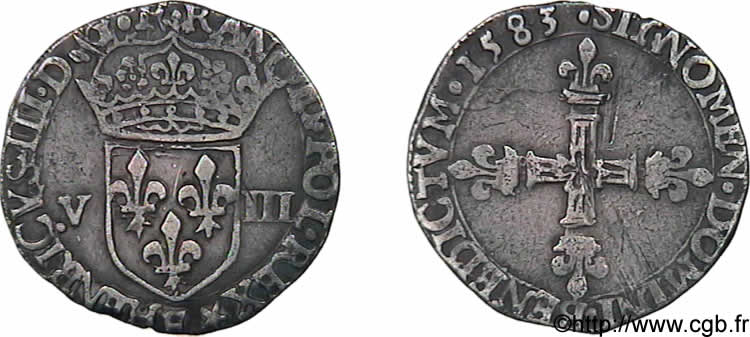HENRI III Huitième d écu, écu de face 1583 Tours TTB