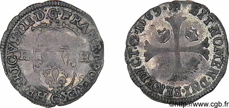 HENRY III Douzain aux deux H, 1er type 1589 Saint-Lô MBC+