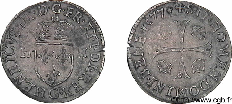 HENRY III Douzain aux deux H, 1er type 1577 Poitiers XF