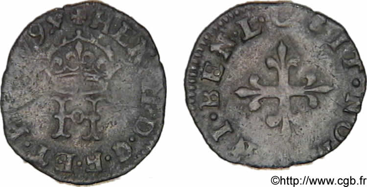 HENRI III Liard à l H couronnée 1579 Riom TTB