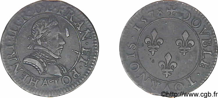 HENRY III Double tournois, 1er type de Paris 1578 Paris, Moulin des Étuves fVZ