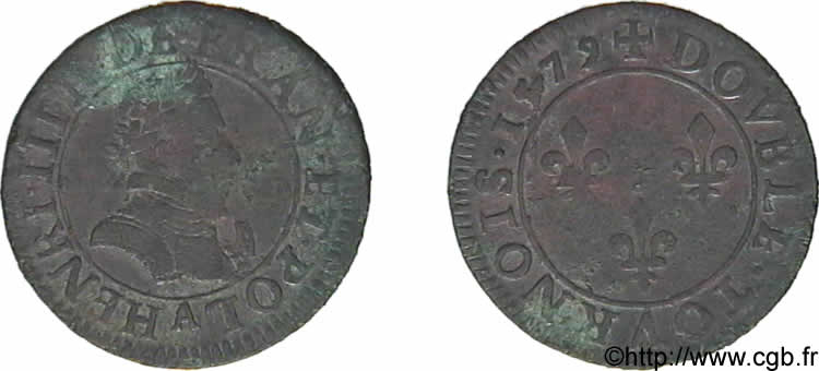 HENRY III Double tournois, 1er type de Paris 1579 Paris, Moulin des Étuves XF