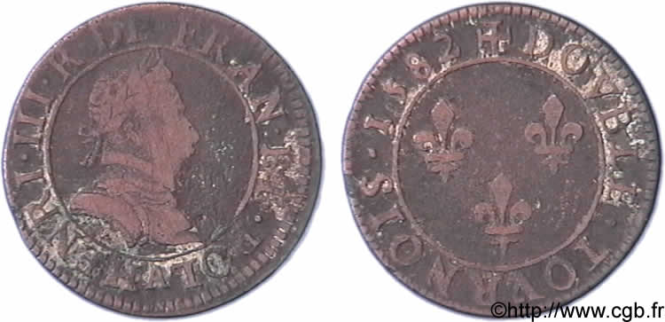 HENRY III Double tournois, 1er type de Paris 1582 Paris, Moulin des Étuves S