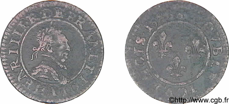 HENRY III Double tournois, 2e type de Paris, frappé au moulin 1588 Paris VF