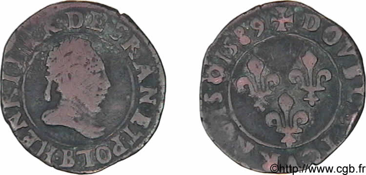 HENRY III Double tournois, type de Rouen 1589 Rouen VF