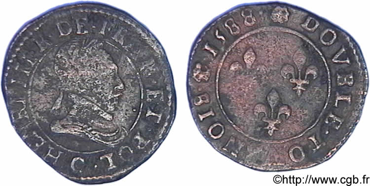 HENRY III Double tournois, type de Saint-Lô 1588 Saint-Lô BC+