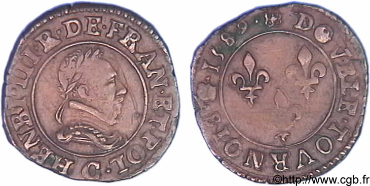 HENRI III Double tournois, type de Saint-Lô 1589 Saint-Lô TTB+