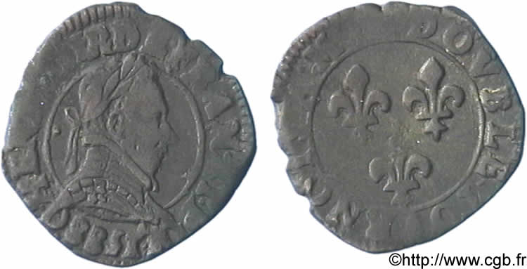 HENRI III Double tournois, 2e type de Lyon 1588 Lyon TTB