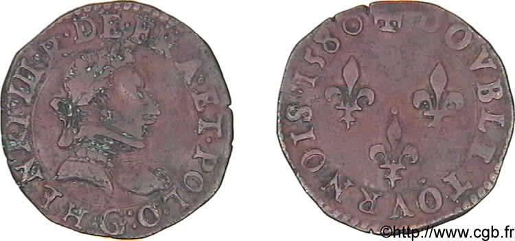 HENRI III Double tournois, type de Poitiers 1580 Poitiers TB+/TTB