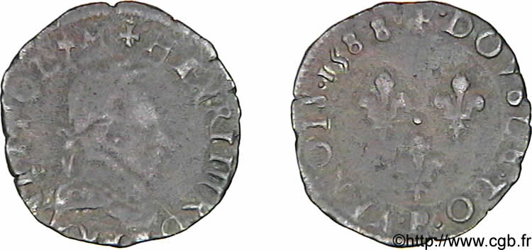HENRI III Double tournois, 2e type de Dijon 1588 Dijon TTB