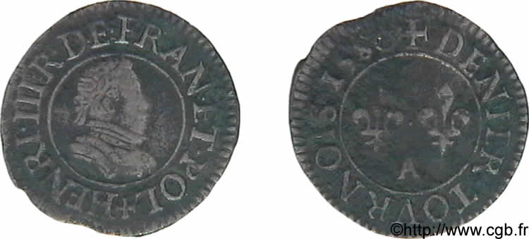 HENRY III Denier tournois, 1er type de Paris 1580 Paris, Moulin des Étuves q.BB