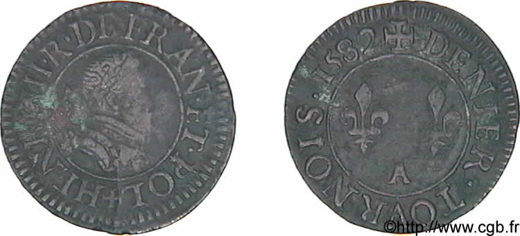 HENRY III Denier tournois, 1er type de Paris 1582 Paris, Moulin des Étuves VF/XF