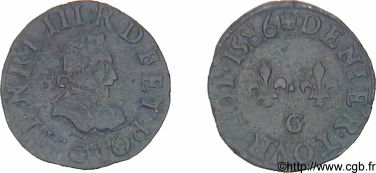HENRI III Denier tournois, type de Poitiers 1586 Poitiers TTB