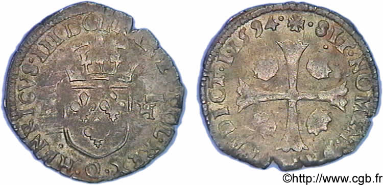 LIGUE. COINAGE AT THE NAME OF HENRY III Douzain aux deux H, 1er type 1594 Narbonne q.SPL