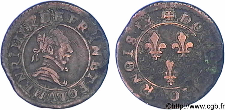 THE LEAGUE. COINAGE IN THE NAME OF HENRY III Double tournois, 2e type de Paris, frappé au moulin n.d. Paris, Moulin des Étuves VF