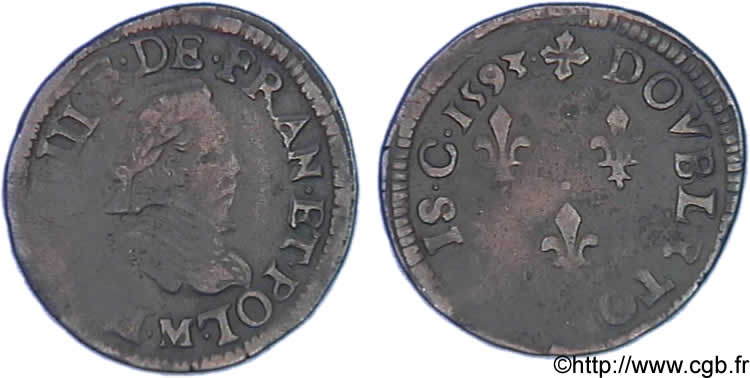 LIGUE. COINAGE AT THE NAME OF HENRY III Double tournois, type de Toulouse 1593 Toulouse SS