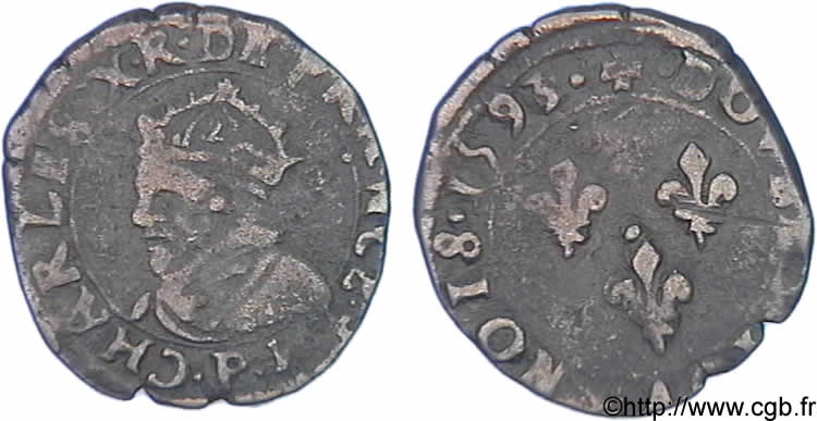 CHARLES X, CARDINAL OF BOURBON Double tournois, type de Dijon 1593 Dijon fSS