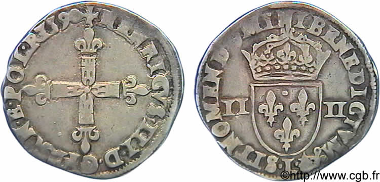 LA LIGUE. MONNAYAGE AU NOM D HENRI III Quart d écu, croix de face 1590 Bayonne TTB