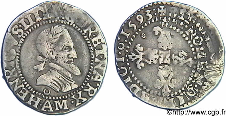 HENRY IV Demi-franc, type de Melun 1593 Melun BC+