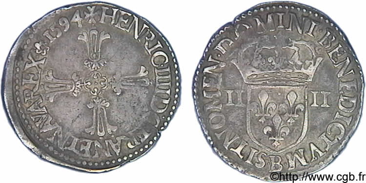 HENRY IV Quart d écu, croix feuillue de face 1594 Rouen XF
