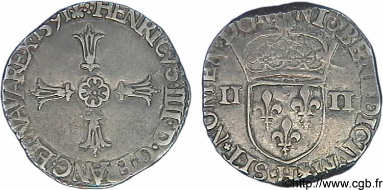 HENRY IV Quart d écu, croix feuillue de face 1591 La Rochelle XF