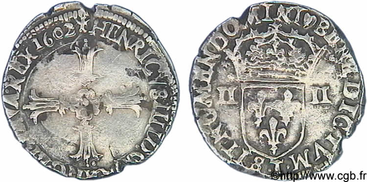 HENRY IV Quart d écu, croix feuillue de face 1602 Nantes MBC