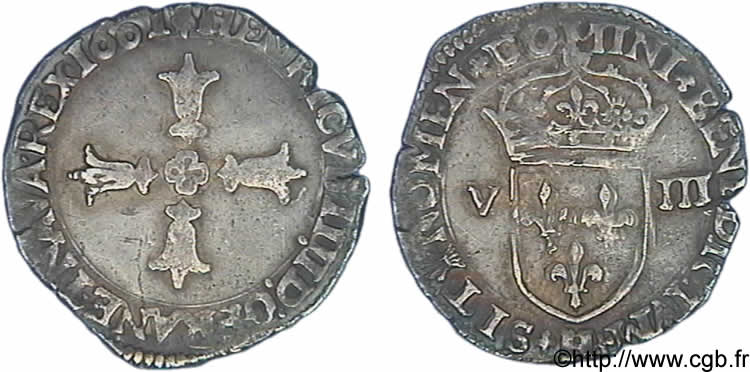 HENRY IV Huitième d écu, croix feuillue de face 1601 La Rochelle BB