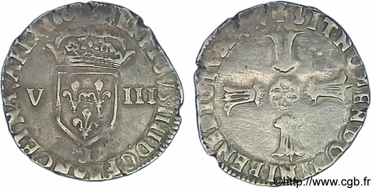 HENRI IV LE GRAND Huitième d écu, écu de face, 2e type 1605 Aix-en-Provence TB+