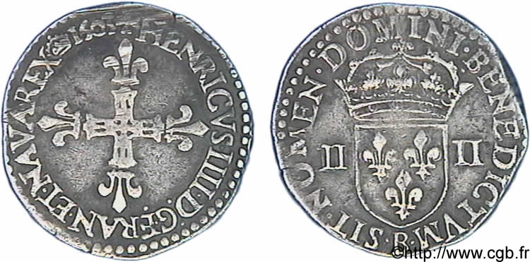 HENRY IV Quart d écu, croix bâtonnée et fleurdelisée de face 1603 Rouen XF