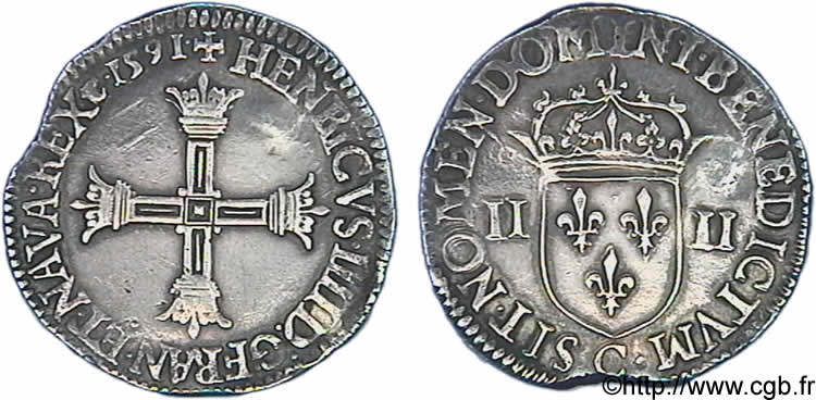 HENRY IV Quart d écu, croix bâtonnée et couronnée de face 1591 Saint-Lô fVZ