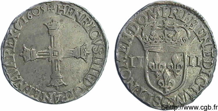 HENRY IV Quart d écu, croix bâtonnée et couronnée de face 1605 Saint-Lô AU