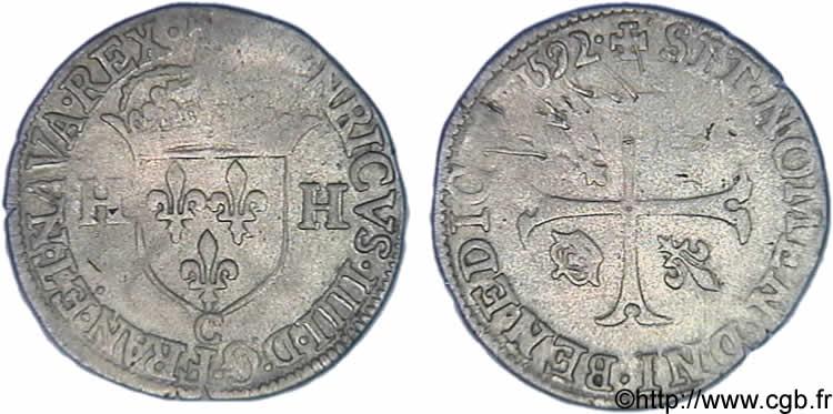 HENRY IV Douzain aux deux H, 2e type 1592 Saint-Lô BB