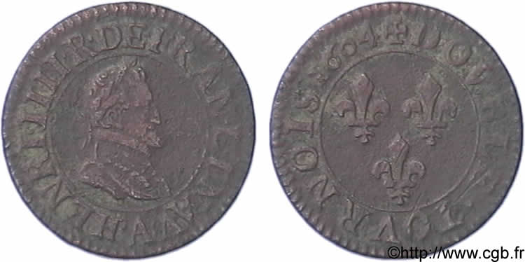 HENRY IV Double tournois, 1er type de Paris (légende française) 1604 Paris, Moulin des Étuves BB