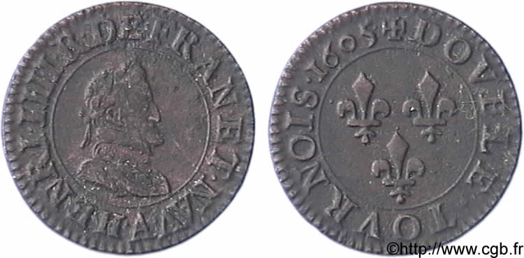 HENRY IV Double tournois, 1er type de Paris (légende française) 1605 Paris, Moulin des Étuves XF