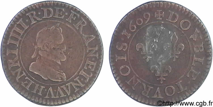 HENRY IV Double tournois, 1er type de Paris (légende française) 1609 Paris, Moulin des Étuves VF