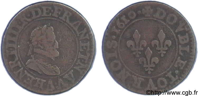 HENRY IV Double tournois, 1er type de Paris (légende française) 1610 Paris, Moulin des Étuves S