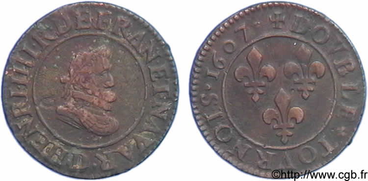 HENRI IV LE GRAND Double tournois, 1er type de Lyon 1607 Lyon TTB