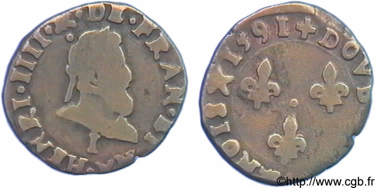 HENRI IV LE GRAND Double tournois, type de Limoges 1591 Limoges TB