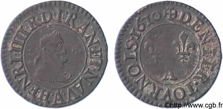 HENRY IV Denier tournois, 1er type de Paris (légende française) 1610 Paris, Moulin des Étuves XF