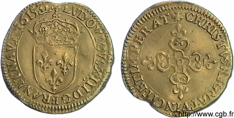 LOUIS XIII  Écu d or au soleil, à la croix anillée fleurdelisée 1615 Lyon SS