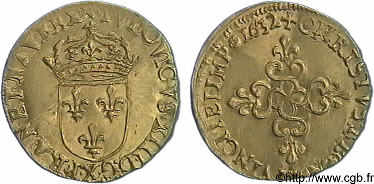 LOUIS XIII LE JUSTE Écu d or au soleil, à la croix anillée fleurdelisée 1632 Amiens SUP