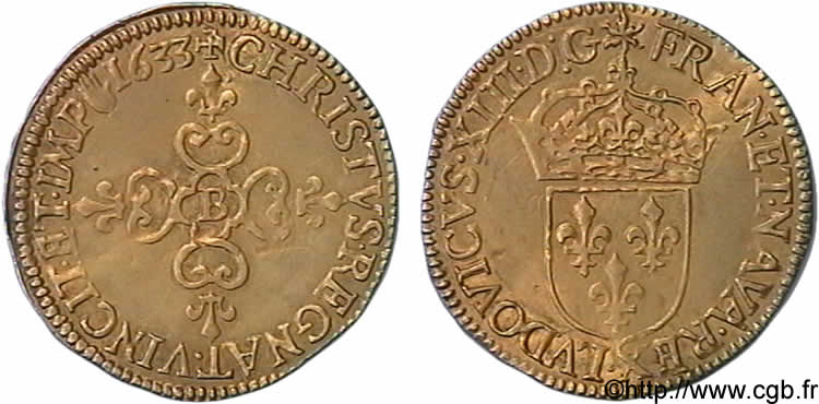 LOUIS XIII  Écu d or au soleil, à la croix anillée fleurdelisée 1633 Rouen VZ
