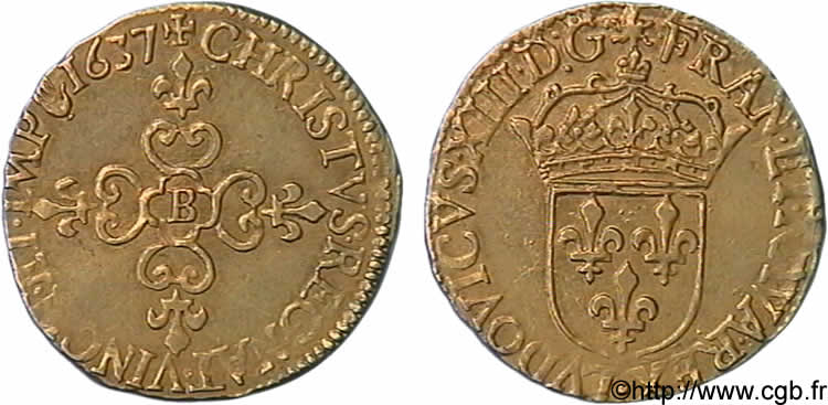 LOUIS XIII  Écu d or au soleil, à la croix anillée fleurdelisée 1637 Rouen MBC+