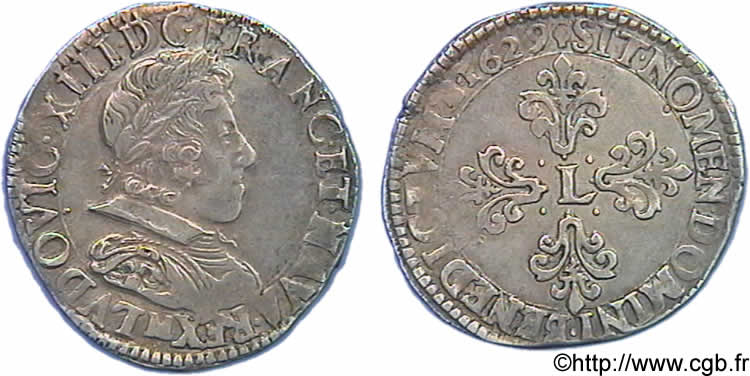 LOUIS XIII LE JUSTE Demi-franc au buste juvénile lauré au petit col plat 1629 Toulouse TTB+