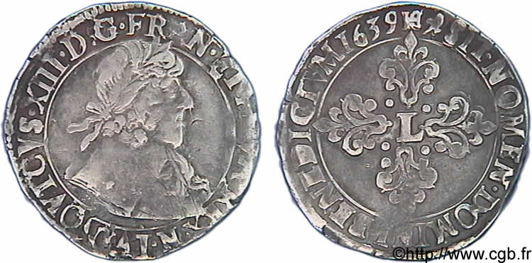 LOUIS XIII  Demi-franc buste lauré au grand col 
rabattu 1639 Montpellier XF