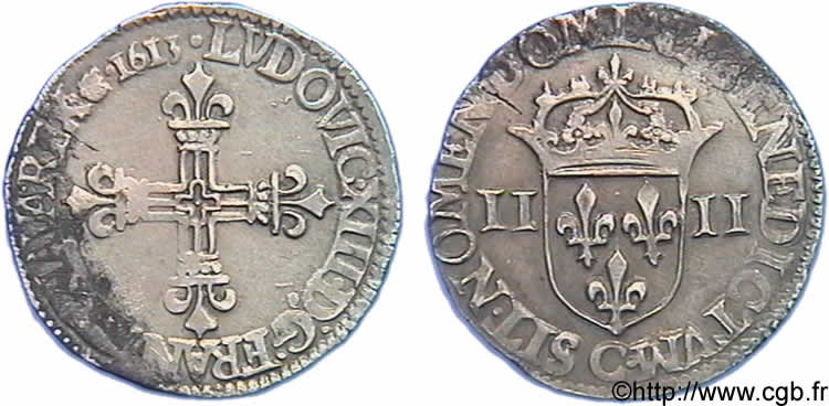 LOUIS XIII  Quart d écu, à la croix fleurdelisée, titulature côté croix 1613 Saint-Lô MBC