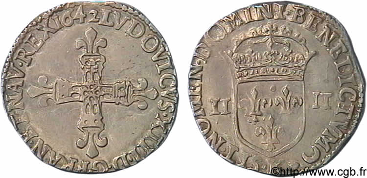 LOUIS XIII  Quart d écu, à la croix fleurdelisée, titulature côté croix 1642 Bordeaux VZ